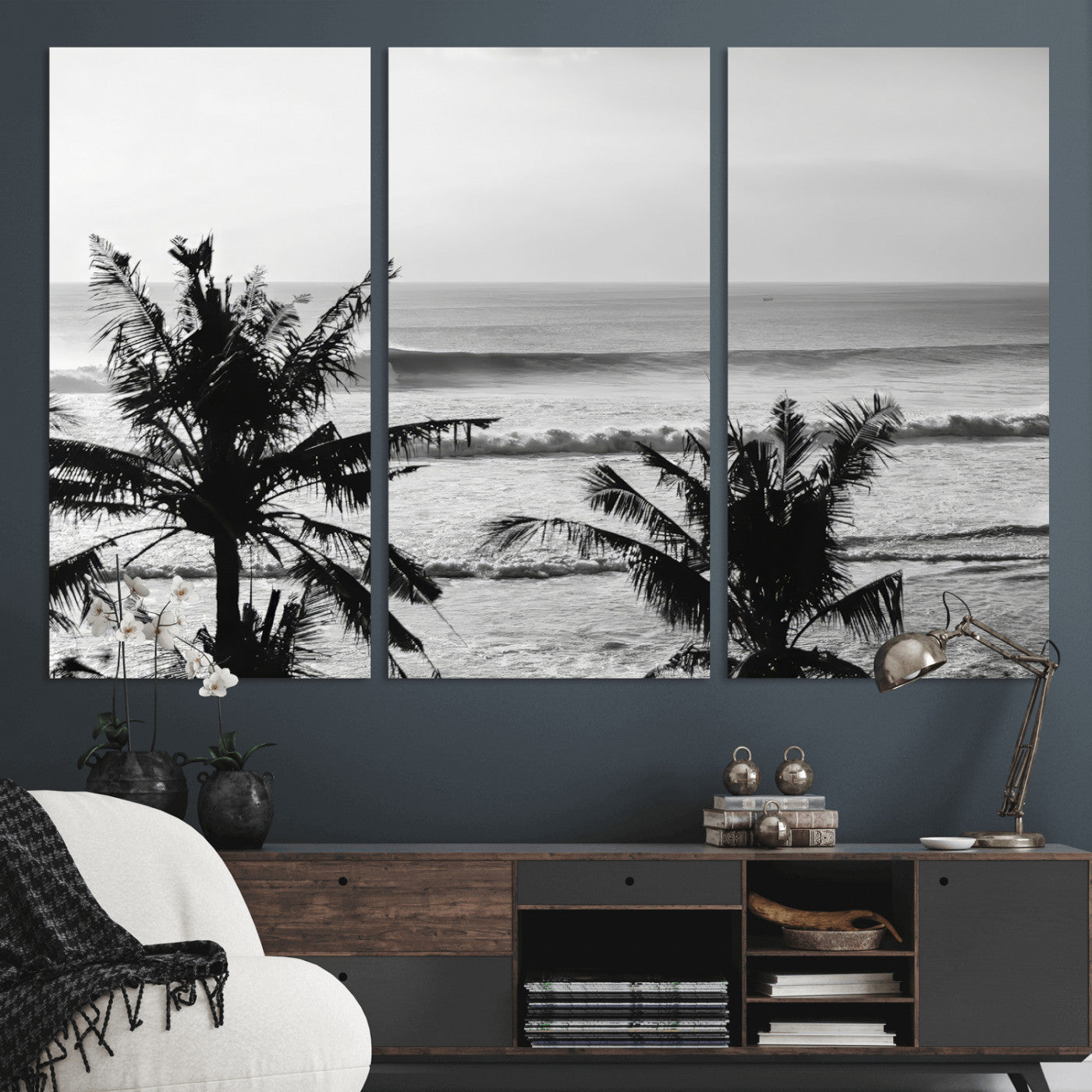 17508038-MGV-CV-36X24-Tropical Coastline Wall Art Canvas Print, Framed Palm Trees Art Picture Print, Ocean Waves Perfect Minimalist Coastal Decor