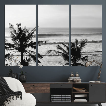 17508038-MGV-CV-36X24-Tropical Coastline Wall Art Canvas Print, Framed Palm Trees Art Picture Print, Ocean Waves Perfect Minimalist Coastal Decor