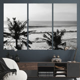 17508038-MGV-CV-48X32-3P-Tropical Coastline Wall Art Canvas Print, Framed Palm Trees Art Picture Print, Ocean Waves Perfect Minimalist Coastal Decor