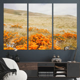 28972262-MGV-CV-48X32-3P-Golden Wildflowers Wall Art Canvas Print, Framed Hills Bloom Art Picture Print, Poppy Meadow Perfect Rustic Nature Decor Artwork