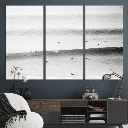 54291445-MGV-CV-48X32-3P-Black White Ocean Wall Art Canvas Print, Framed Coastal Sport Art Picture Print, Ocean Culture Perfect Minimalist Coastal Decor