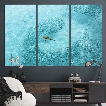 43671474-MGV-CV-36X24-Fish Swarm Wall Art Canvas Print, Framed Marine Life Art Picture Print, Shark Aerial Perfect Wildlife Coastal Decor Artwork