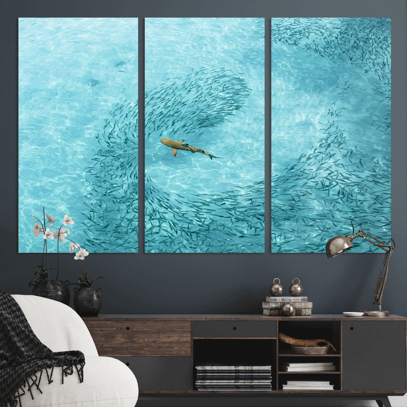 43671474-MGV-CV-36X24-Fish Swarm Wall Art Canvas Print, Framed Marine Life Art Picture Print, Shark Aerial Perfect Wildlife Coastal Decor Artwork