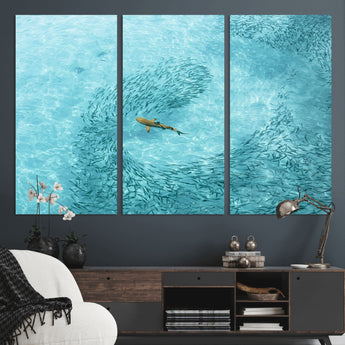 43671474-MGV-CV-36X24-Fish Swarm Wall Art Canvas Print, Framed Marine Life Art Picture Print, Shark Aerial Perfect Wildlife Coastal Decor Artwork