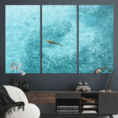 43671474-MGV-CV-36X24-Fish Swarm Wall Art Canvas Print, Framed Marine Life Art Picture Print, Shark Aerial Perfect Wildlife Coastal Decor Artwork
