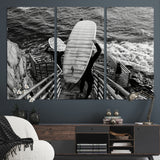 32353707-MGV-CV-36X24-Black White Surfing Wall Art Canvas Print, Framed Coastal Surfing Art Picture Print, Wave Riders Perfect Coastal Adventure Decor