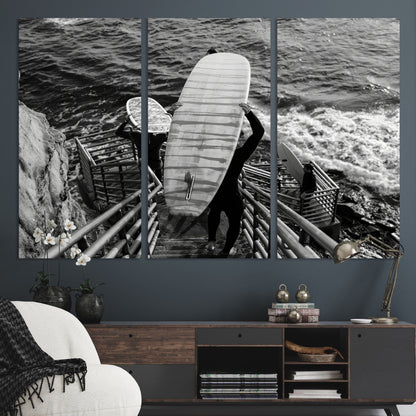 32353707-MGV-CV-36X24-Black White Surfing Wall Art Canvas Print, Framed Coastal Surfing Art Picture Print, Wave Riders Perfect Coastal Adventure Decor