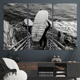 32353707-MGV-CV-48X32-3P-Black White Surfing Wall Art Canvas Print, Framed Coastal Surfing Art Picture Print, Wave Riders Perfect Coastal Adventure Decor