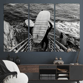 32353707-MGV-CV-48X32-3P-Black White Surfing Wall Art Canvas Print, Framed Coastal Surfing Art Picture Print, Wave Riders Perfect Coastal Adventure Decor