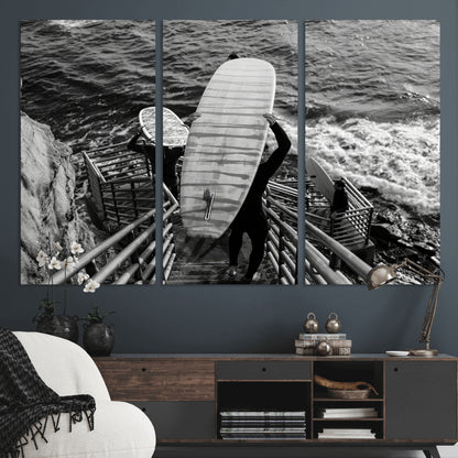 32353707-MGV-CV-48X32-3P-Black White Surfing Wall Art Canvas Print, Framed Coastal Surfing Art Picture Print, Wave Riders Perfect Coastal Adventure Decor