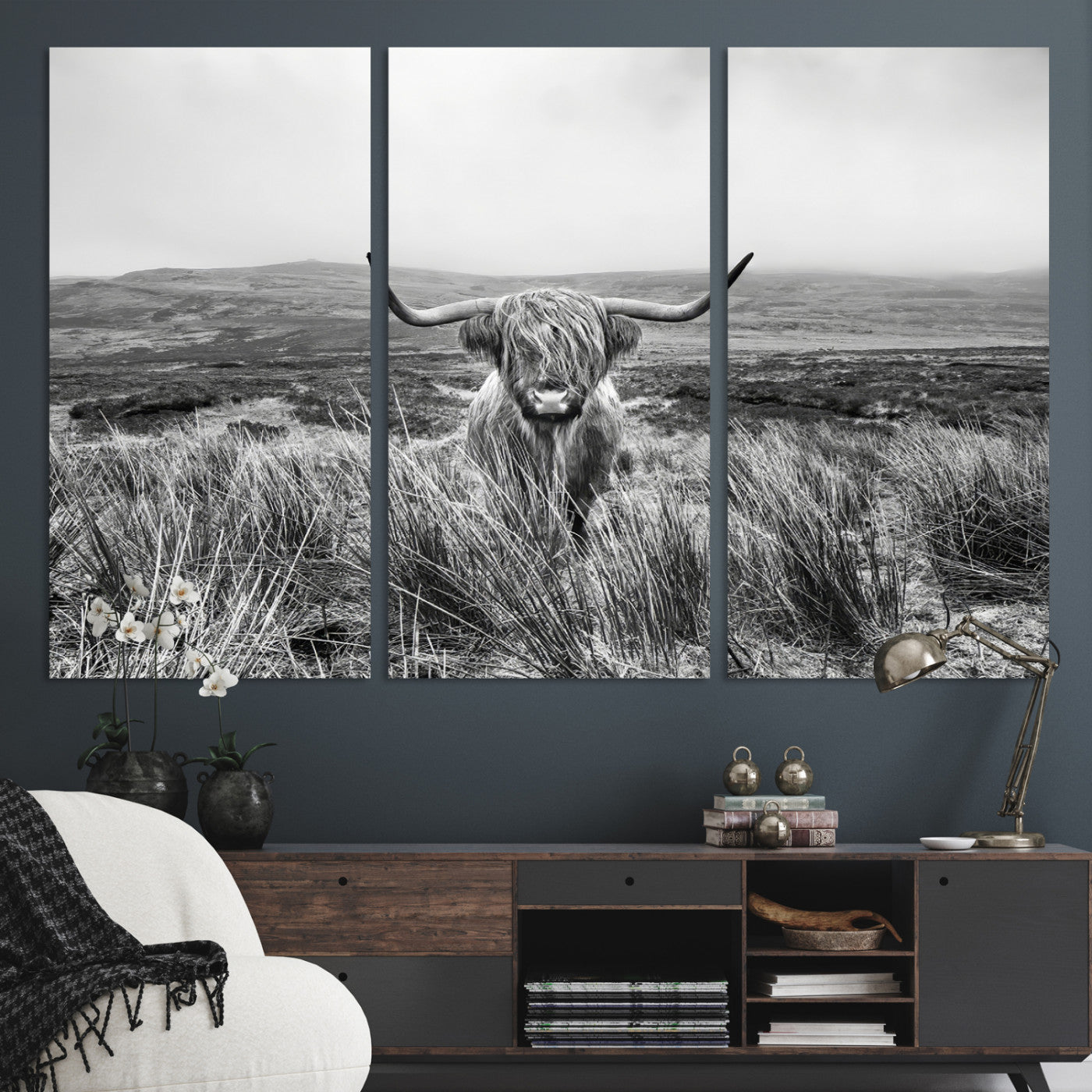 24051061-MGV-CV-36X24-Monochrome Highland Cow Wall Art Canvas Print, Framed Scottish Bull Art Picture Print, Lone Cattle Perfect Rustic Farmhouse Decor
