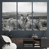 24051061-MGV-CV-36X24-Monochrome Highland Cow Wall Art Canvas Print, Framed Scottish Bull Art Picture Print, Lone Cattle Perfect Rustic Farmhouse Decor
