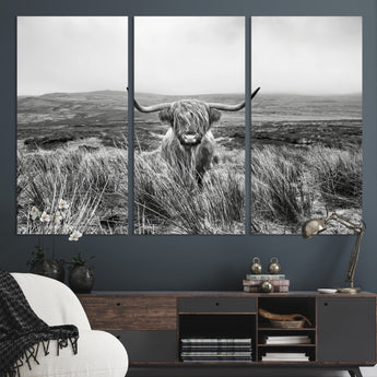 24051061-MGV-CV-36X24-Monochrome Highland Cow Wall Art Canvas Print, Framed Scottish Bull Art Picture Print, Lone Cattle Perfect Rustic Farmhouse Decor