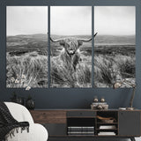 24051061-MGV-CV-48X32-3P-Monochrome Highland Cow Wall Art Canvas Print, Framed Scottish Bull Art Picture Print, Lone Cattle Perfect Rustic Farmhouse Decor