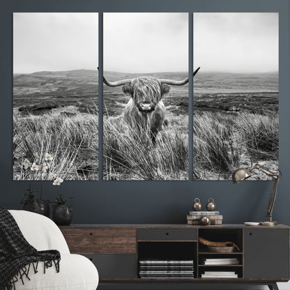 24051061-MGV-CV-48X32-3P-Monochrome Highland Cow Wall Art Canvas Print, Framed Scottish Bull Art Picture Print, Lone Cattle Perfect Rustic Farmhouse Decor