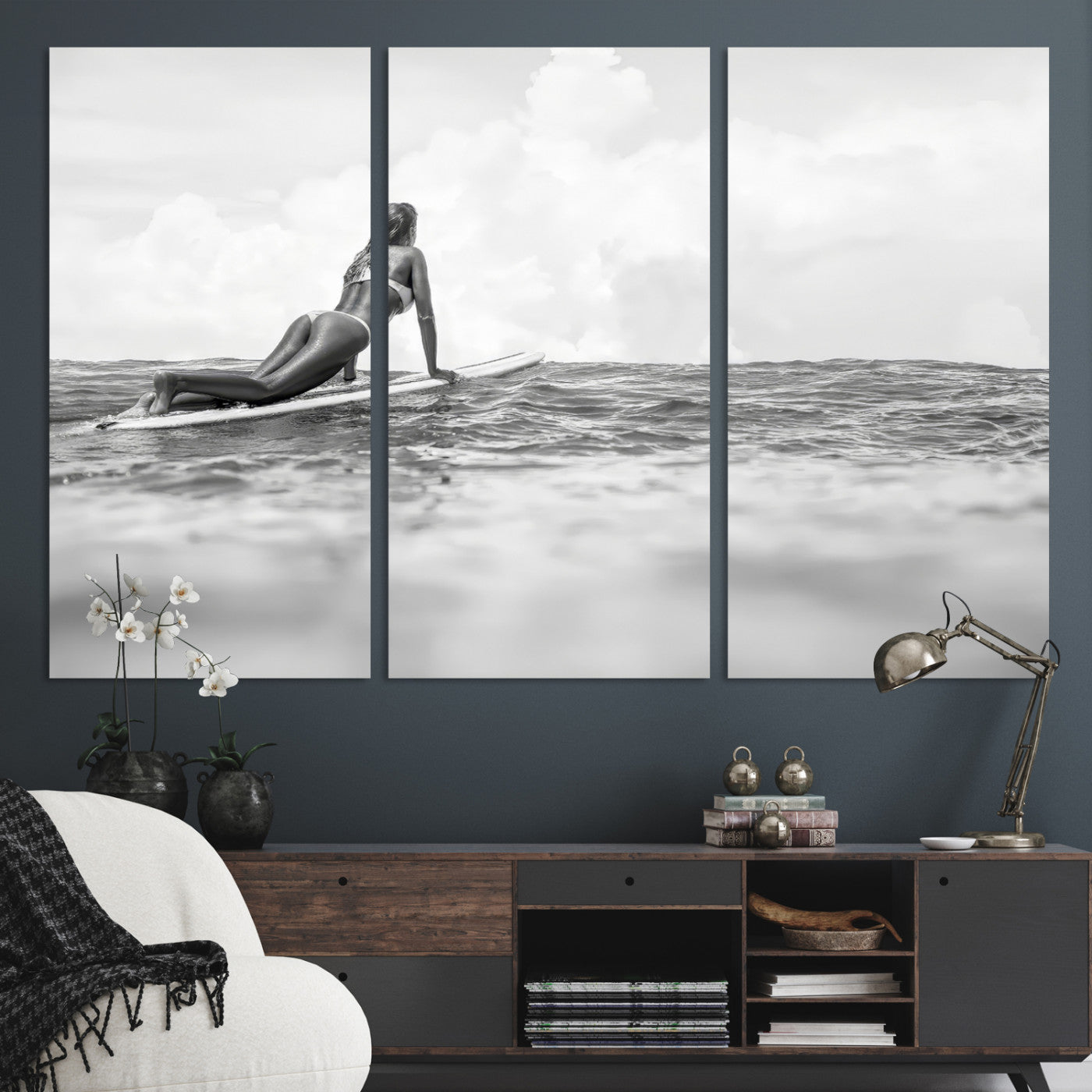69798068-MGV-CV-36X24-Black White Surfing Wall Art Canvas Print, Framed Ocean Horizon Art Picture Print, Surfer Girl Perfect Coastal Adventure Decor