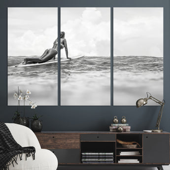 69798068-MGV-CV-36X24-Black White Surfing Wall Art Canvas Print, Framed Ocean Horizon Art Picture Print, Surfer Girl Perfect Coastal Adventure Decor