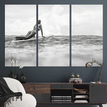 69798068-MGV-CV-36X24-Black White Surfing Wall Art Canvas Print, Framed Ocean Horizon Art Picture Print, Surfer Girl Perfect Coastal Adventure Decor