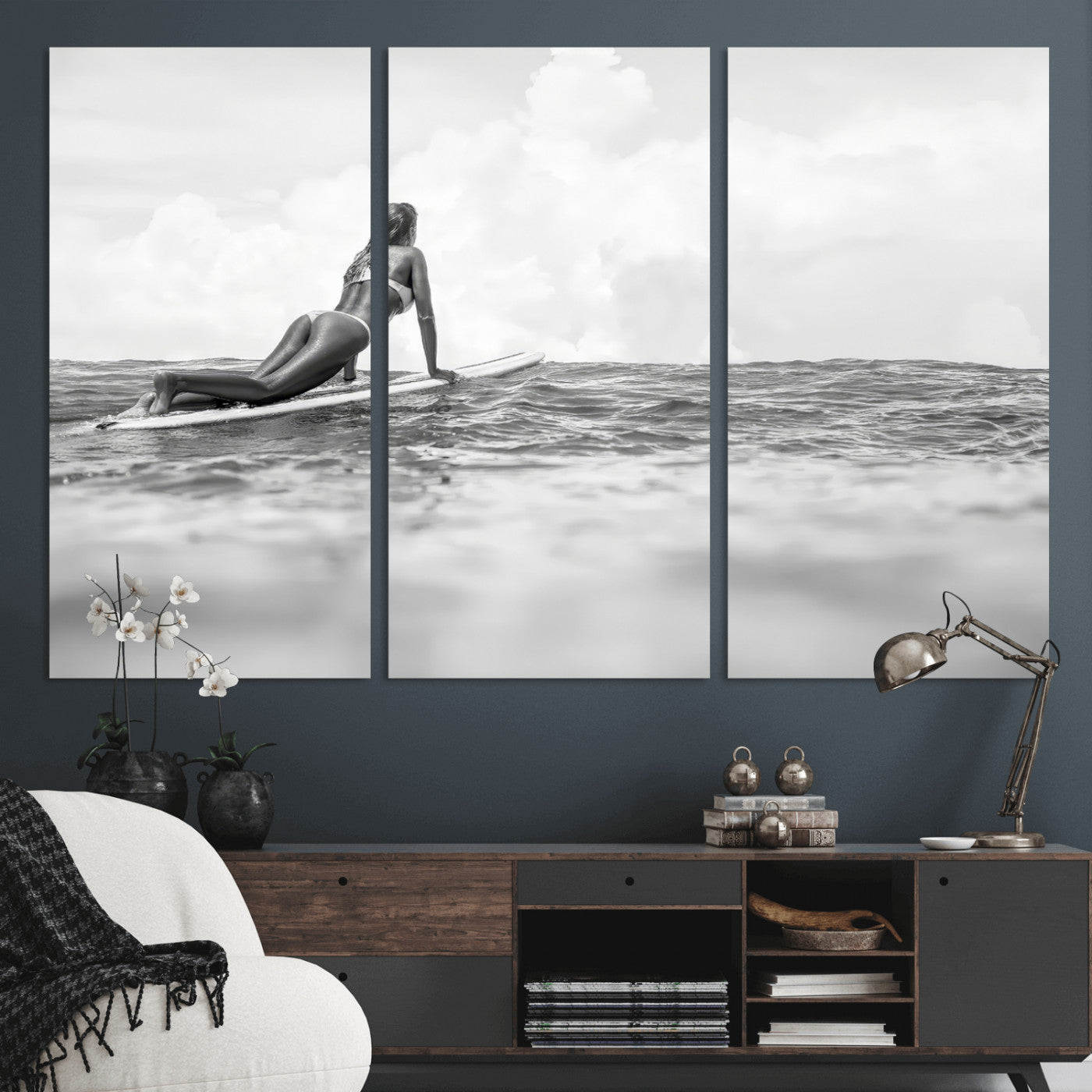 69798068-MGV-CV-36X24-Black White Surfing Wall Art Canvas Print, Framed Ocean Horizon Art Picture Print, Surfer Girl Perfect Coastal Adventure Decor