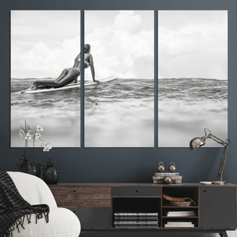 69798068-MGV-CV-36X24-Black White Surfing Wall Art Canvas Print, Framed Ocean Horizon Art Picture Print, Surfer Girl Perfect Coastal Adventure Decor
