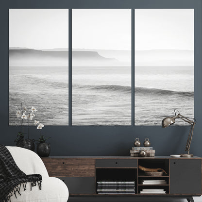 60635783-MGV-CV-36X24-Black White Seascape Wall Art Canvas Print, Framed Ocean Waves Art Picture Print, Misty Coastal Perfect Minimalist Coastal Decor