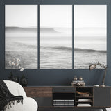 60635783-MGV-CV-36X24-Black White Seascape Wall Art Canvas Print, Framed Ocean Waves Art Picture Print, Misty Coastal Perfect Minimalist Coastal Decor