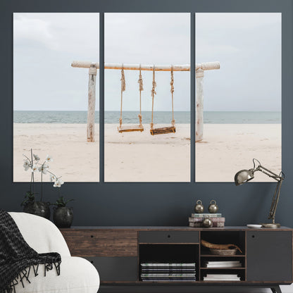 68327283-MGV-CV-36X24-Beach Swing Wall Art Canvas Print, Framed Quiet Beach Art Picture Print, Calm Shoreline Perfect Bohemian Coastal Decor Artwork