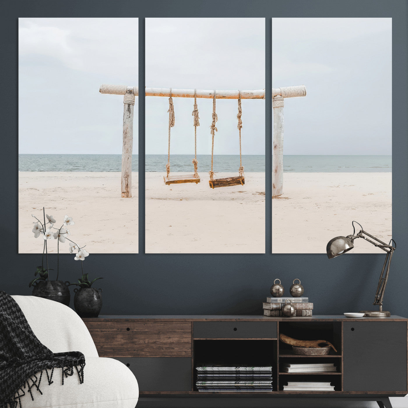 68327283-MGV-CV-36X24-Beach Swing Wall Art Canvas Print, Framed Quiet Beach Art Picture Print, Calm Shoreline Perfect Bohemian Coastal Decor Artwork