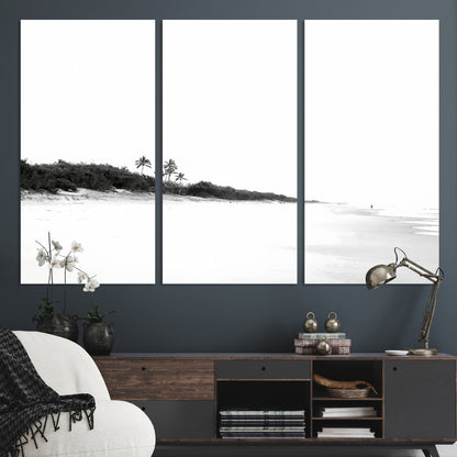 29611516-MGV-CV-36X24-Black White Beach Wall Art Canvas Print, Framed Palm Trees Art Picture Print, Monochrome Tropical Perfect Minimalist Coastal Decor