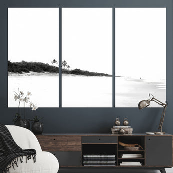 29611516-MGV-CV-36X24-Black White Beach Wall Art Canvas Print, Framed Palm Trees Art Picture Print, Monochrome Tropical Perfect Minimalist Coastal Decor