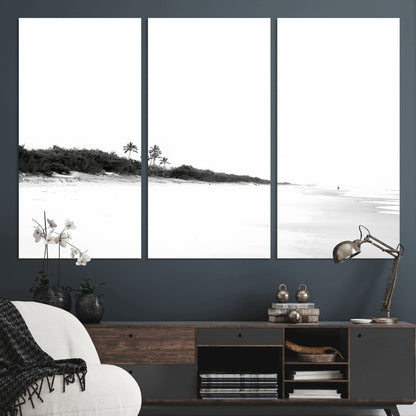 29611516-MGV-CV-36X24-Black White Beach Wall Art Canvas Print, Framed Palm Trees Art Picture Print, Monochrome Tropical Perfect Minimalist Coastal Decor