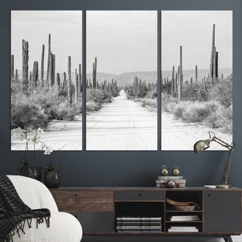 35537313-MGV-CV-36X24-Monochrome Desert Wall Art Canvas Print, Framed Cactus Path Art Picture Print, Southwestern Landscape Perfect Southwestern