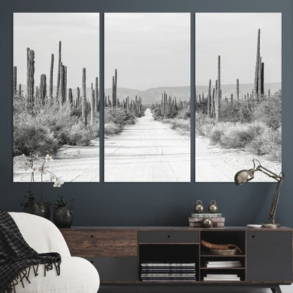 35537313-MGV-CV-36X24-Monochrome Desert Wall Art Canvas Print, Framed Cactus Path Art Picture Print, Southwestern Landscape Perfect Southwestern