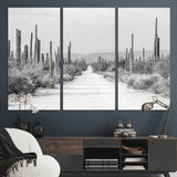 35537313-MGV-CV-36X24-Monochrome Desert Wall Art Canvas Print, Framed Cactus Path Art Picture Print, Southwestern Landscape Perfect Southwestern