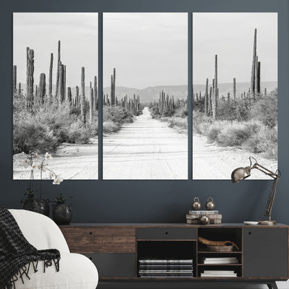 35537313-MGV-CV-36X24-Monochrome Desert Wall Art Canvas Print, Framed Cactus Path Art Picture Print, Southwestern Landscape Perfect Southwestern