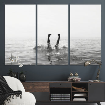 26667396-MGV-CV-36X24-Black White Ocean Wall Art Canvas Print, Framed Monochrome Water Art Picture Print, Diving into Water Perfect Minimalist Aquatic