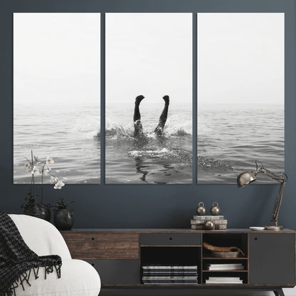 26667396-MGV-CV-36X24-Black White Ocean Wall Art Canvas Print, Framed Monochrome Water Art Picture Print, Diving into Water Perfect Minimalist Aquatic