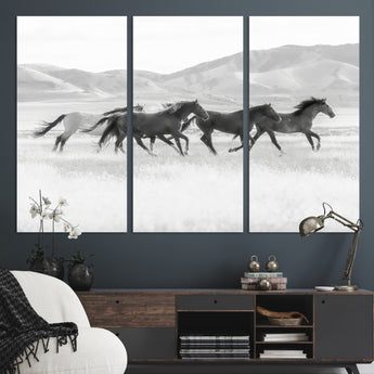 69934913-MGV-CV-36X24-Wild Horses Running Wall Art Canvas Print, Framed Black White Mustangs Art Picture Print, Rustic Western Perfect Rustic Western