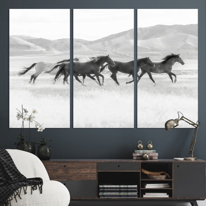 69934913-MGV-CV-36X24-Wild Horses Running Wall Art Canvas Print, Framed Black White Mustangs Art Picture Print, Rustic Western Perfect Rustic Western