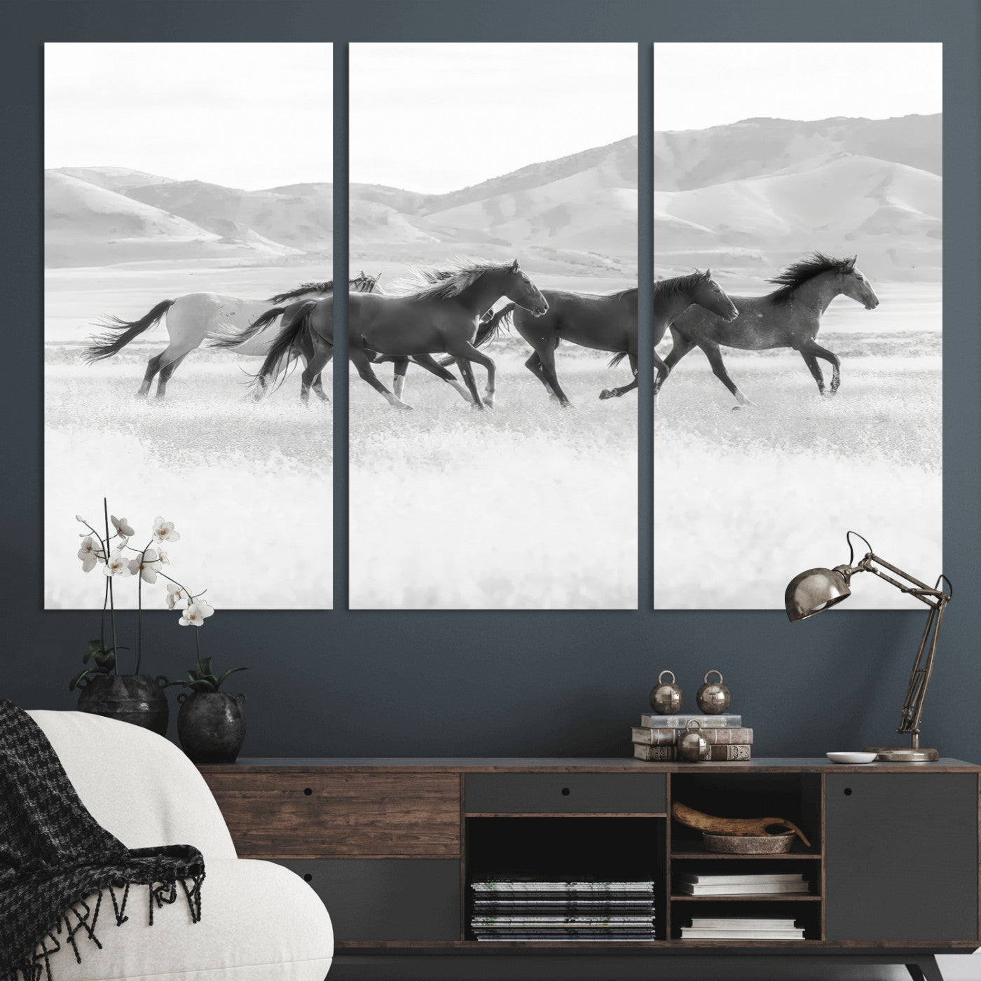 69934913-MGV-CV-36X24-Wild Horses Running Wall Art Canvas Print, Framed Black White Mustangs Art Picture Print, Rustic Western Perfect Rustic Western
