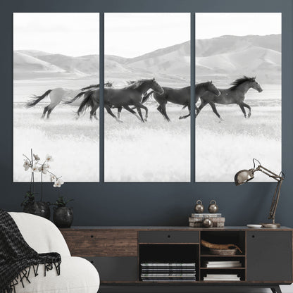 69934913-MGV-CV-36X24-Wild Horses Running Wall Art Canvas Print, Framed Black White Mustangs Art Picture Print, Rustic Western Perfect Rustic Western
