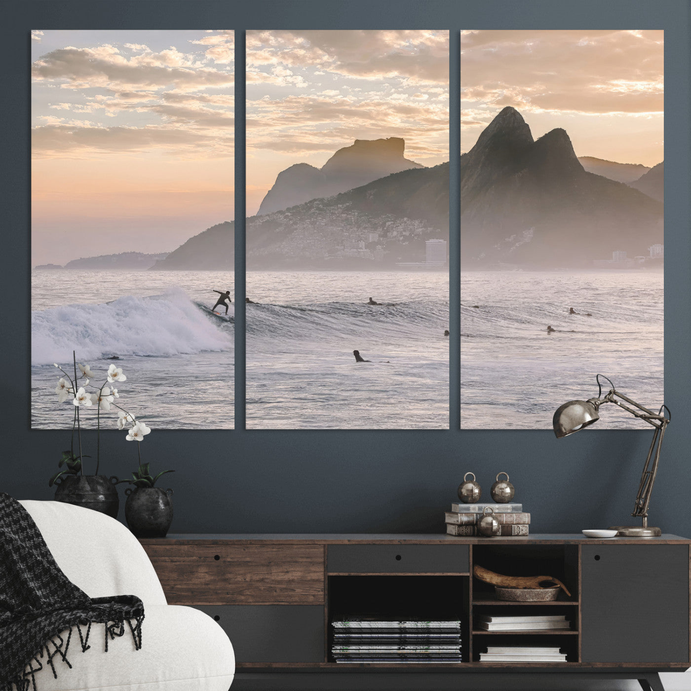 70644906-MGV-CV-36X24-Sunset Surfing Wall Art Canvas Print, Framed Misty Mountains Art Picture Print, Surfer Riding Wave Perfect Coastal Adventure Decor