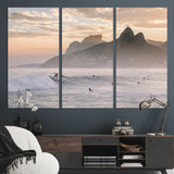 70644906-MGV-CV-36X24-Sunset Surfing Wall Art Canvas Print, Framed Misty Mountains Art Picture Print, Surfer Riding Wave Perfect Coastal Adventure Decor