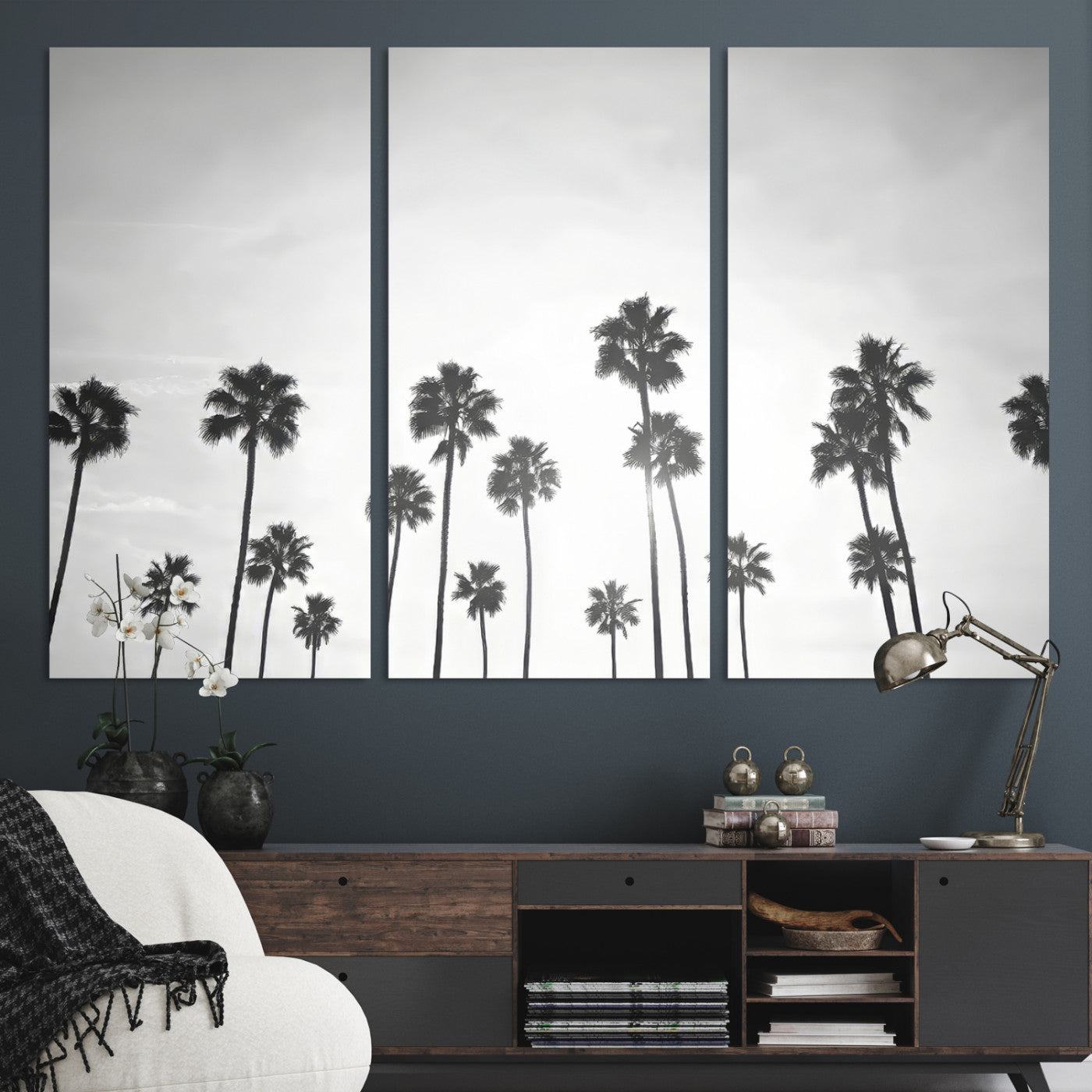 62298277-MGV-CV-36X24-Monochrome Palms Wall Art Canvas Print, Framed Minimalist Trees Art Picture Print, Silhouetted Palms Perfect Tropical Minimalist