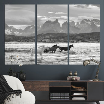 21655040-MGV-CV-36X24-Wild Horses Wall Art Canvas Print, Framed Black White Mountains Art Picture Print, Rustic Countryside Perfect Rustic Western Decor