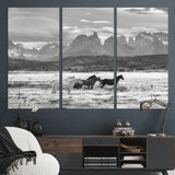 21655040-MGV-CV-36X24-Wild Horses Wall Art Canvas Print, Framed Black White Mountains Art Picture Print, Rustic Countryside Perfect Rustic Western Decor