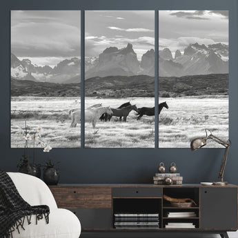 21655040-MGV-CV-36X24-Wild Horses Wall Art Canvas Print, Framed Black White Mountains Art Picture Print, Rustic Countryside Perfect Rustic Western Decor