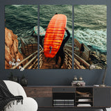 84555848-MGV-CV-36X24-Surfer Stairway Wall Art Canvas Print, Framed Ocean Surf Art Picture Print, Sunset Coastal Perfect Coastal Adventure Decor Artwork