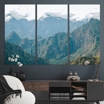 79393816-MGV-CV-48X32-3P-Misty Mountain Wall Art Canvas Print, Framed Cloudy Andean Art Picture Print, Rugged Mountain Perfect Rustic Nature Decor Artwork