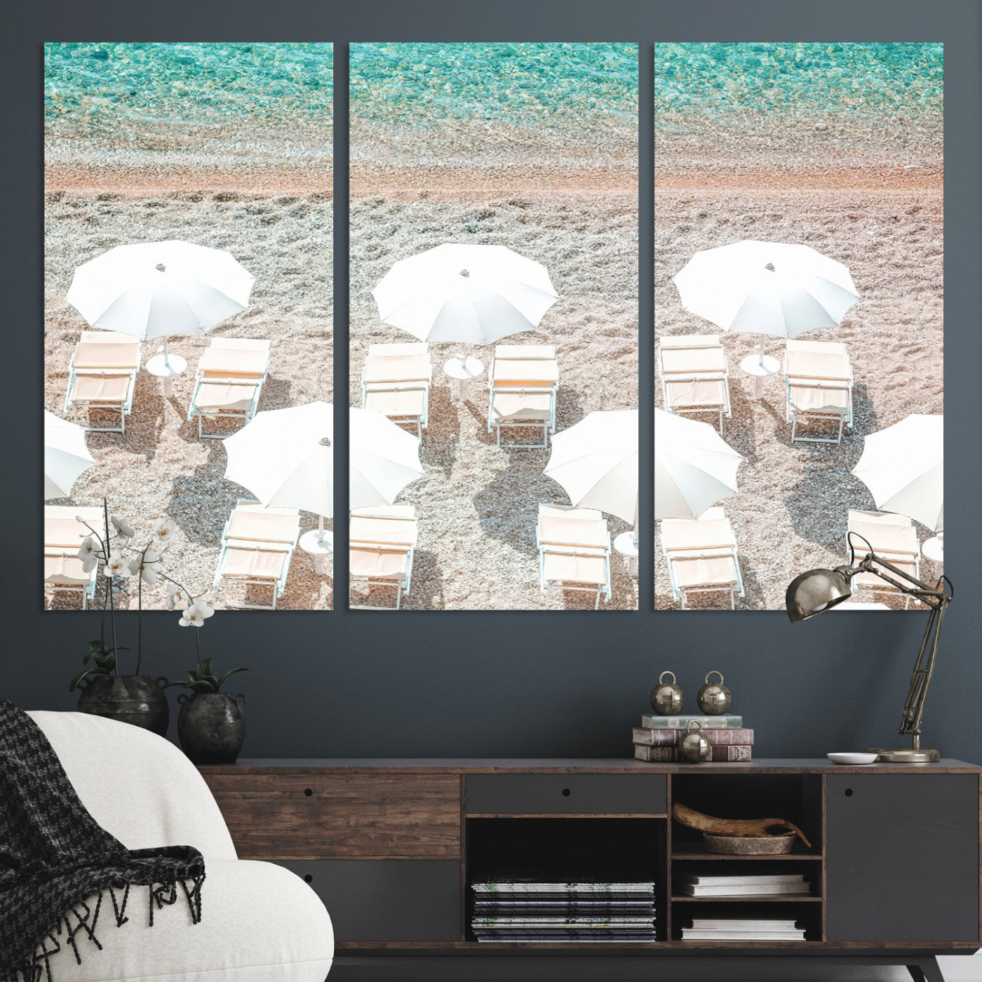 83736167-MGV-CV-36X24-Calm Beach Wall Art Canvas Print, Framed Turquoise Water Art Picture Print, Umbrella Shoreline Perfect Coastal Minimalist Decor